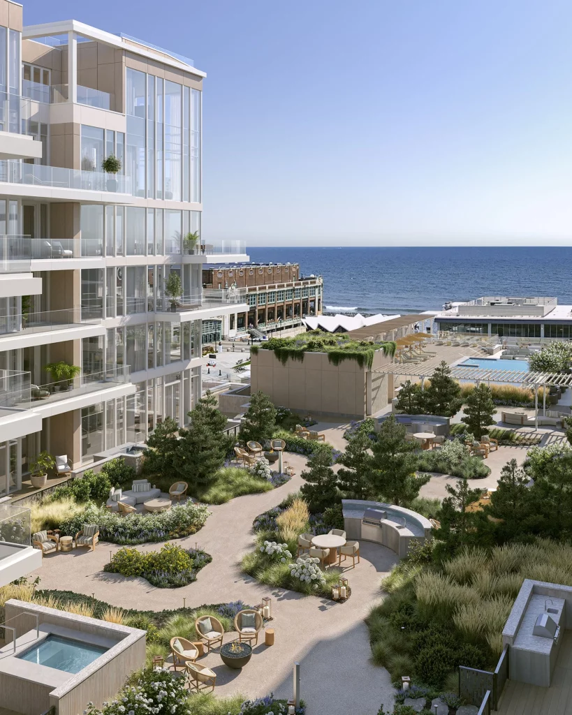 LIDO Private Park with lush greenery, grills, fire pits, and direct ocean views.