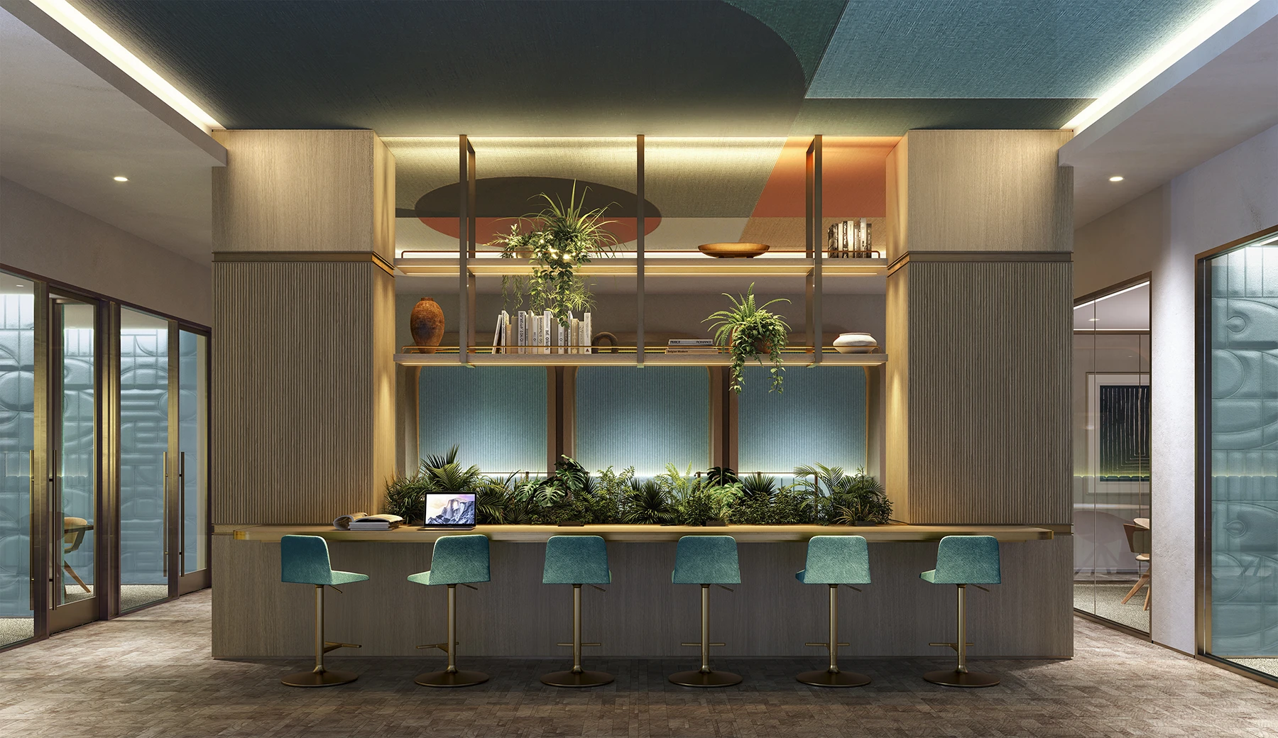 LIDO Asbury Park co-working space with a long bar-style table, high stools, and integrated planters.