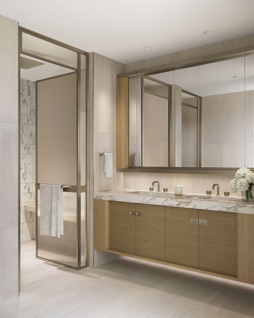 LIDO condos NJ spa‑like bathroom with a custom white oak vanity and a tiled walk-in shower.