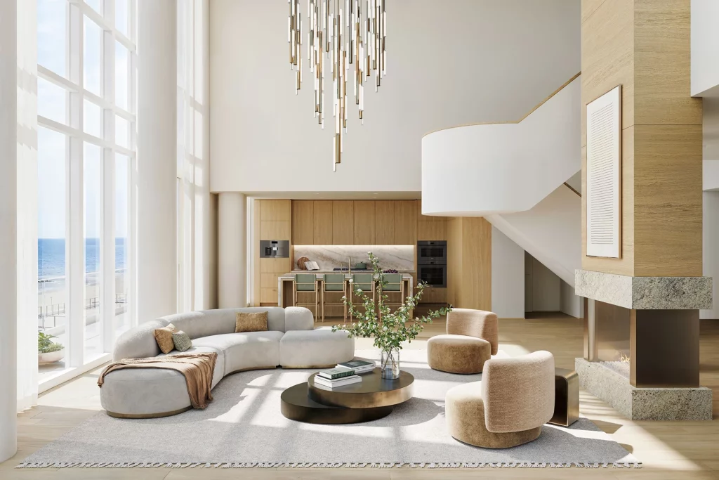 LIDO Asbury Park Triplex Penthouse with expansive windows, custom lighting, lounge seating, custom oak cabinetry and panoramic views of Asbury Park Beach.